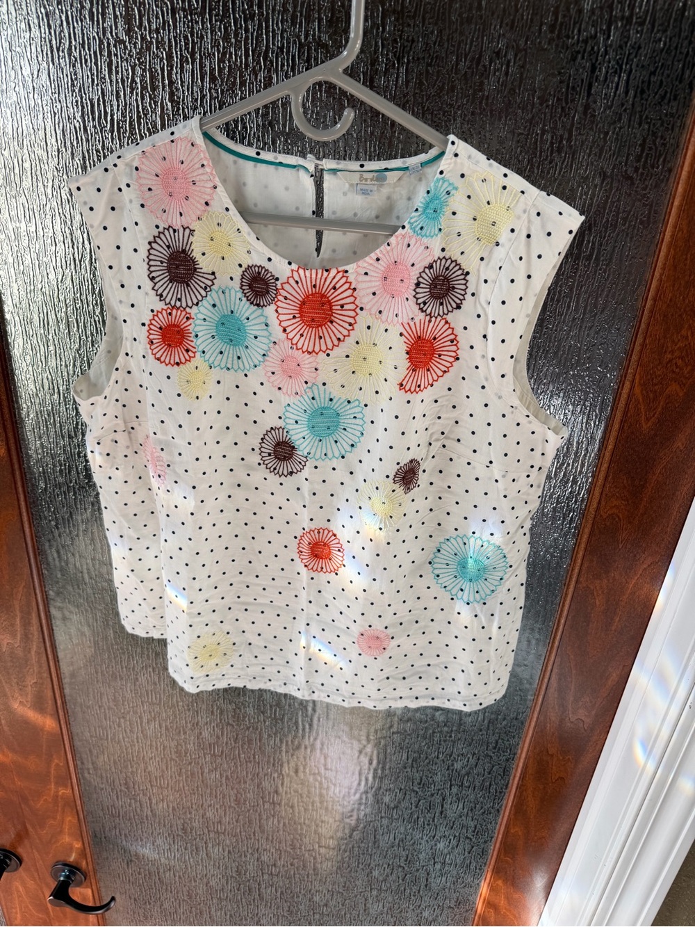 Boden White Polka Dot Sleeveless Camisole with Multicolor Floral Embroidery US16